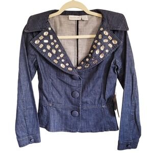 Jeaneology Collection 2 Denim Jacket Beaded Snap Closure Wide Collar‎ NWT